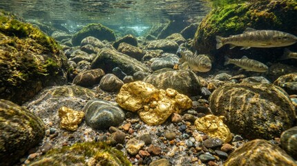 Gold nuggets on a river bed