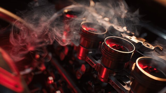 high performance car engine, pistons glowing red, damaged valves, smoke and oil burning, detailed engine bay, dynamic cinematic lighting