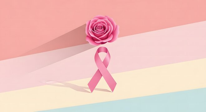 Pink rose flower floating above the breast cancer awareness ribb