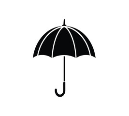 A simple black silhouette of an open umbrella isolated on a plain white background