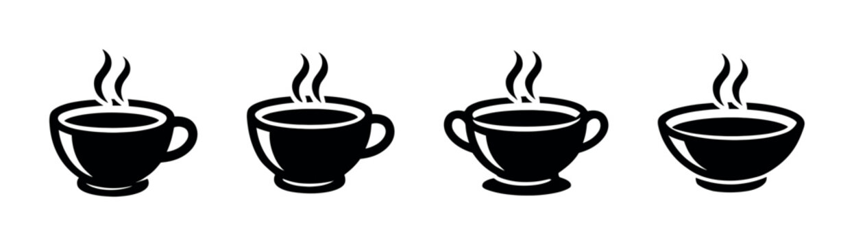 Coffee cup collection, hot beverage icons, steaming mugs, flat vector illustration