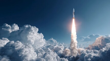 Rocket launch ascending through billowy, white clouds in a bright blue sky, leaving a fiery trail. Dramatic, dynamic scene