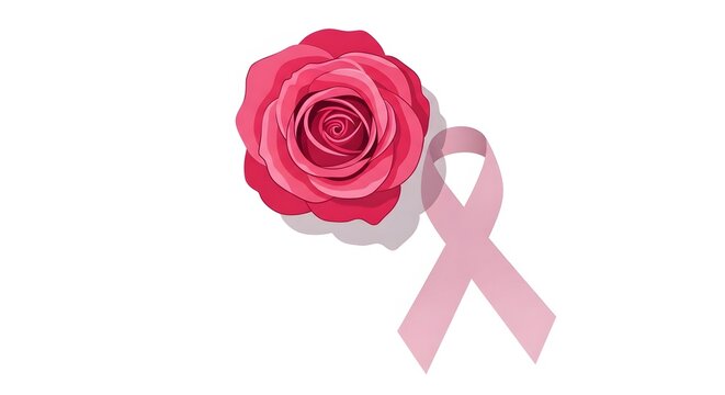 Pink rose flower illustration with breast cancer awareness ribbo