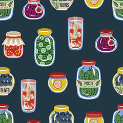 Cute food jar seamless vector pattern with pickles olives honey jam preserves