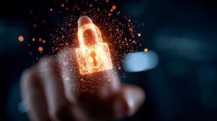 A hand interacts with a glowing orange padlock made of particles, floating in a dark, blurred background, representing digital security
