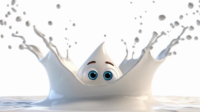 Cute cartoon droplet character with big eyes splashing into water surface.