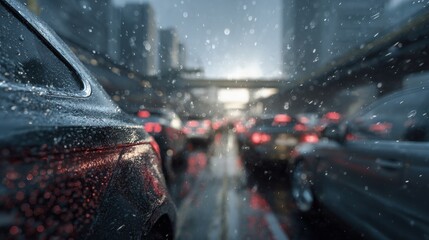 urban driving conditions affecting engine oil, traffic jam, frequent stop and go, engine stress visualization, realistic automotive photography