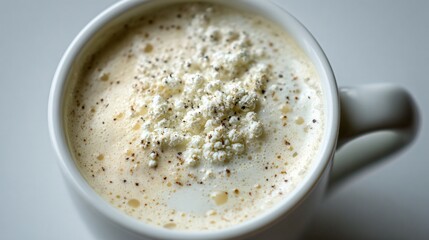 Hot white chocolate with vanilla bean specks, snowy white surface