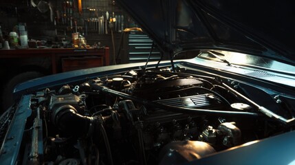 well maintained engine with dark but healthy oil, calm workshop environment, balanced lighting, realistic automotive photography
