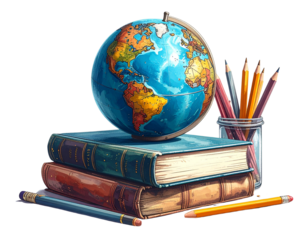 A globe rests on a stack of books next to a pencil and a container of colorful pencils against a plain  on white background PNG