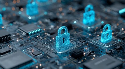 A close-up view depicts a circuit board with glowing blue padlocks, symbolizing digital security and cybersecurity