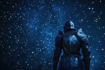Fototapeta premium Knight gazes at starry night sky in a serene, mystical setting