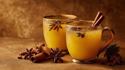 Mulled pineapple juice with spices, muted gold backdrop, festive warmth