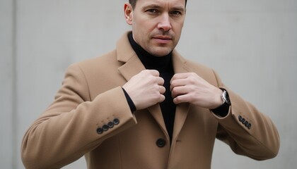 A handsome caucasian man adjusting the collar of his camel-colored coat. Stylish male model in classic autumn and winter fashion