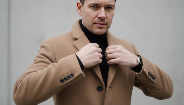 A handsome caucasian man adjusting the collar of his camel-colored coat. Stylish male model in classic autumn and winter fashion - Powered by Adobe