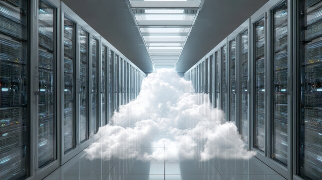 A cloud formation emerges from a server room's aisle, symbolizing data storage and digital connectivity. The room features rows of server racks - Powered by Adobe