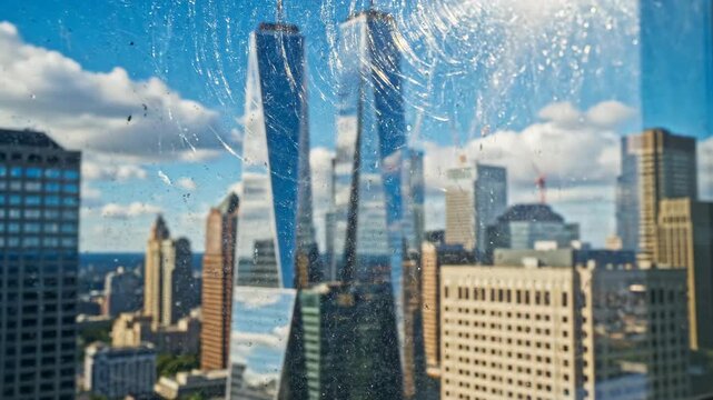 Scratched Glass Window Texture with Blurred New York City Skyline Background