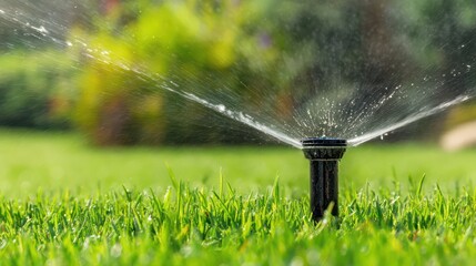Automatic sprinkler watering a green lawn