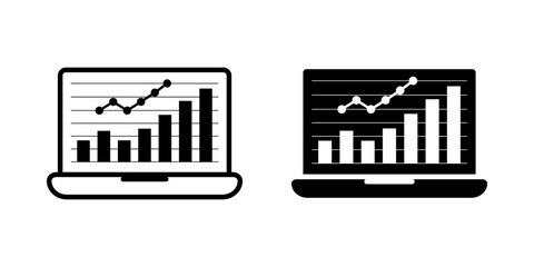 Obraz premium Data Monitor icon set. illustration of a laptop computer displaying a bar graph trending upwards, representing business growth and financial report. vector illustration on white background.