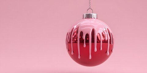 Floating red bauble with dripping pink paint minimalist lifestyle