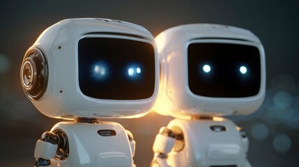 Close-up of two white, futuristic robots with glowing eyes, representing AI and advanced tech, against a blurred background