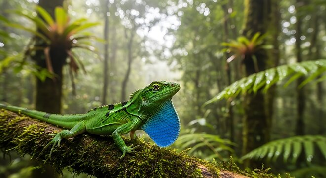 Vibrant green lizard with bright blue dewlap rests on mossy branch in lush forest.