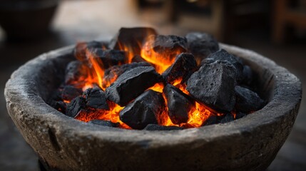 Glowing Charcoal Fire with Bright Flames in Traditional Stone Bowl Creating Warm Atmosphere and Cozy Environment for Outdoor Cooking and Gatherings