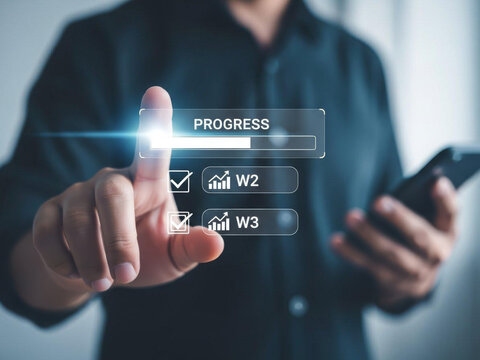 Man interacting with futuristic transparent digital interface on smartphone - Powered by Adobe