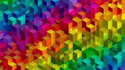 An abstract design featuring a mosaic of colorful, three-dimensional cubes arranged diagonally. This geometric pattern is vibrant