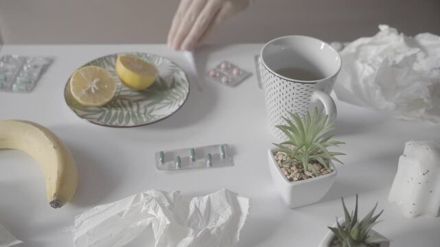 Cup of hot green tea, pills, digital thermometer and saucer with lemon slice
