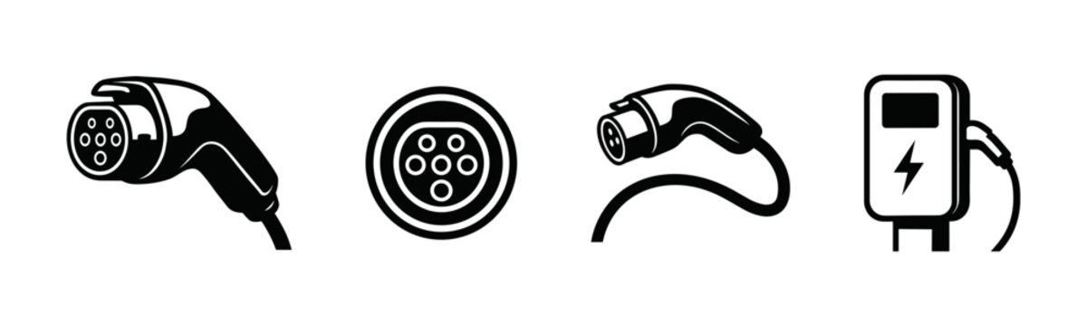 EV charging elements collection, charger, charging plugs, flat vector illustration
