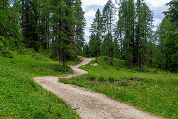 Tourist trail in Dolomites mountain at summer