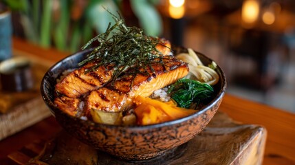 Grilled salmon garnished with seaweed served in a rustic bowl with vegetables and noodles at a cozy restaurant setting in the background