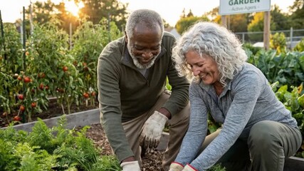 Senior interracial couple harvesting vegetables together, active aging and healthy lifestyle