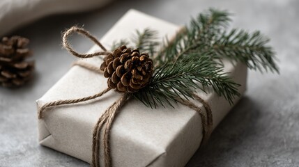 Minimalist wrapping with open twine loop, organic holiday feel