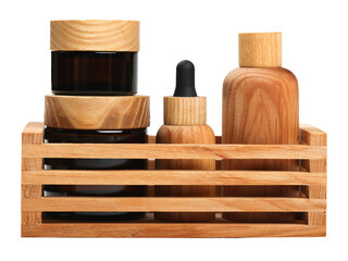 Hygiene toiletries in wooden organizer on white