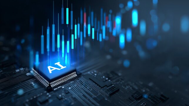 Close-up view of a computer chip with "AI" and blue graphs rising above it against a dark background - Powered by Adobe