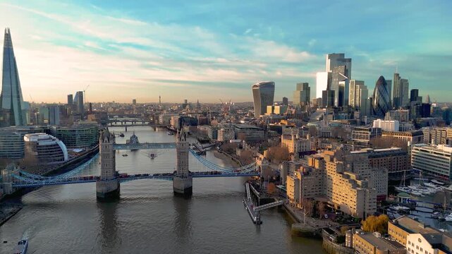 London city skyline panorama. Aerial 4K drone video footage of panoramic background of London. Iconic skyline with skyscrapers, river Thames, historic landmarks
