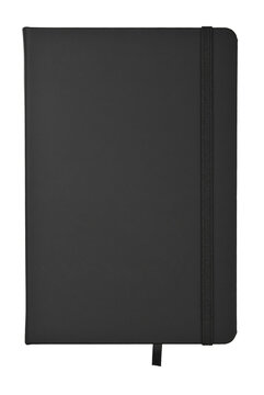 Black leather cover notebook isolated on white
