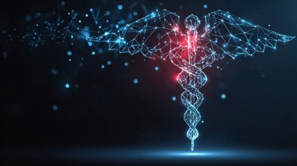 A medical symbol comprised of connected dots and lines emitting a bright glow. It is set against a dark background with additional scattered light points