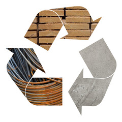 Recycling symbol of concrete, wood and metal