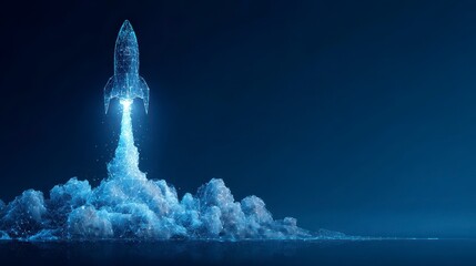 Digitally rendered spacecraft, launching into space, leaving behind a trail of vibrant, glowing vapor against a dark, blue background