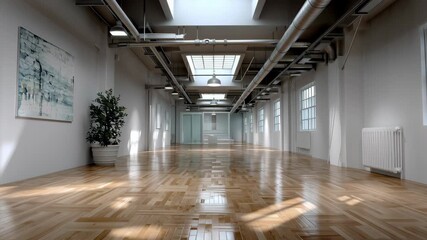 Spacious modern interior showcasing polished wooden flooring, large windows allowing natural light, and decorative plant enhancing the aesthetic appeal of a contemporary workspace environment