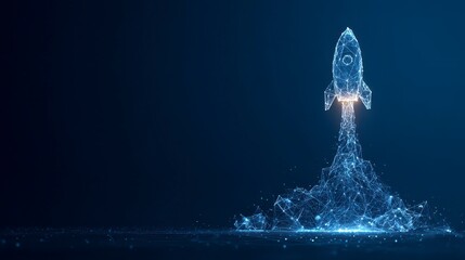 A glowing, stylized rocket ascends against a deep blue background, rendered with a network of light particles. Sparks trail