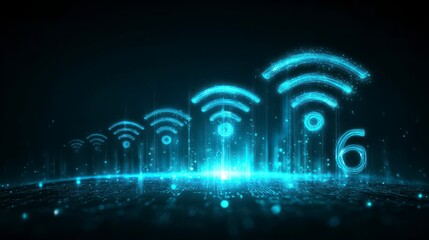 Illuminated digital illustration featuring glowing wifi symbols and the number 6, representing connectivity and technology