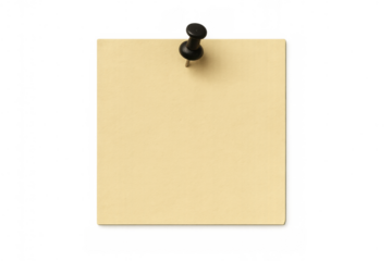 Blank yellow post-it note with black thumbtack on transparent background capturing reminder, memo, tasks, and message concepts