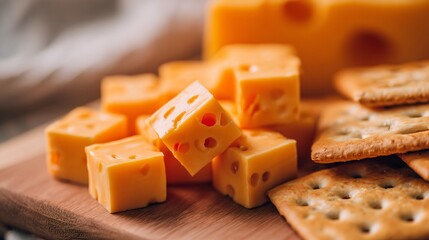 Cheese cubes and crackers arranged in clean grid, light wood background, modern party mood