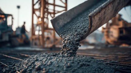 Wet concrete flowing into steel foundation grid