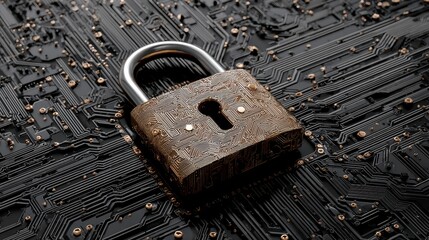 A close-up view presents a textured metal padlock positioned over a detailed printed circuit board. Focus on security