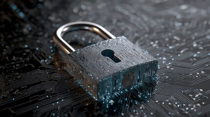 A close-up view of a metallic padlock resting on a circuit board, symbolizing security and protection in the digital realm